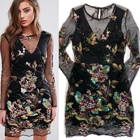 Miss Selfridge Floral Embroidered Sequin Mesh Mini Sheath Cocktail Dress Black 6 - Picture 1 of 6